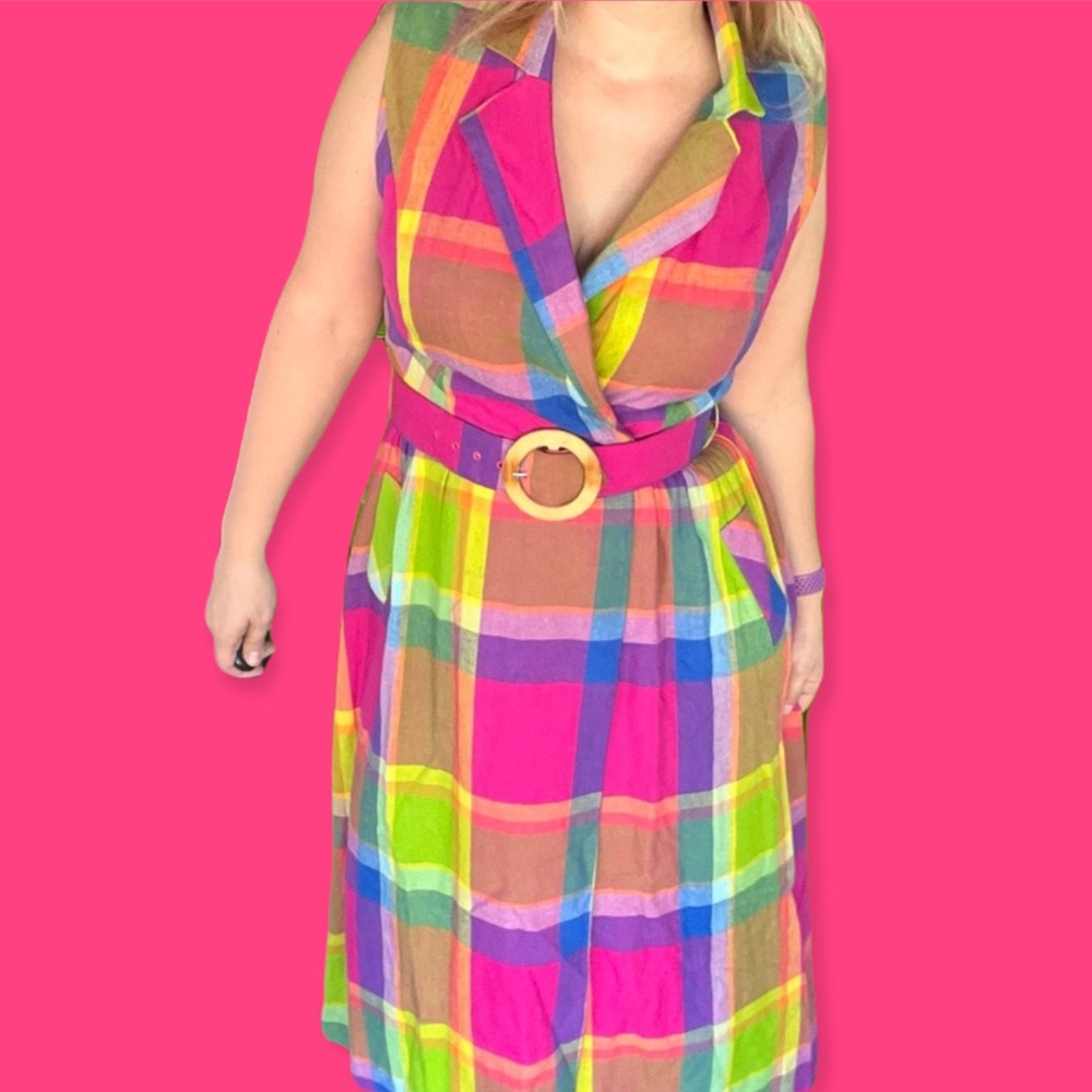 Vintage Multicolor Plaid Maxi Dress with Belt